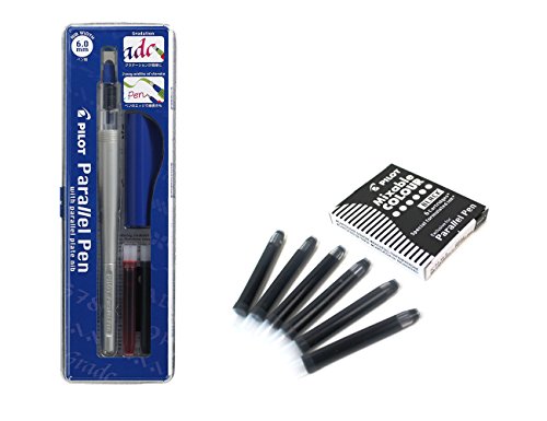 Lote 1 Pluma Caligráfica Pilot Parallel Pen plumin 6.0 mm Recargable + Caja con 6 Recambios Color Negro Pluma Pilot Parallel Pen