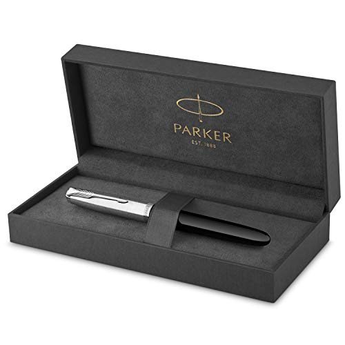 Parker 51 pluma estilográfica | cuerpo negro con adorno cromado | plumín mediano con cartucho de tinta negra | estuche de regalo