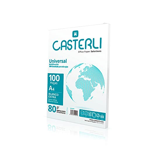 CASTERLI - 81011 Folios A4, Papel a4, papel a4 100 Hojas Blancas. Tamaño A4, Papel de 80 gr, Extra blanca, Papel multiusos para impresora A4 80gsm (A4, 100 HOJAS)