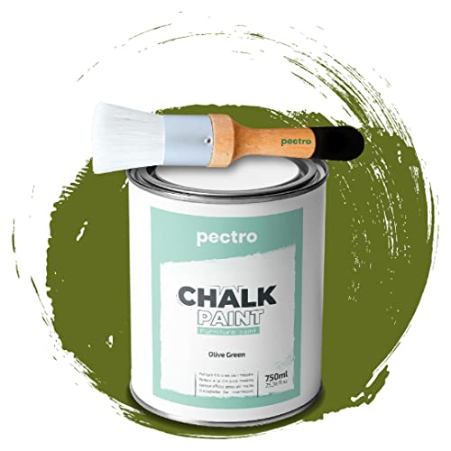 PECTRO Pintura a la Tiza para Muebles 750ml + Brocha de madera especial Pack - Pintura para Muebles sin lijar - Pintura para Madera - Pintura Chalk Paint Efecto Tiza Colores (Verde Oliva)