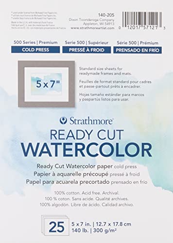 Strathmore Serie 500 Paquete de Papel de Acuarela de 5 x 7 Pulgadas, 25 Hojas, Listo para Cortar, Prensa en frío, 5x7