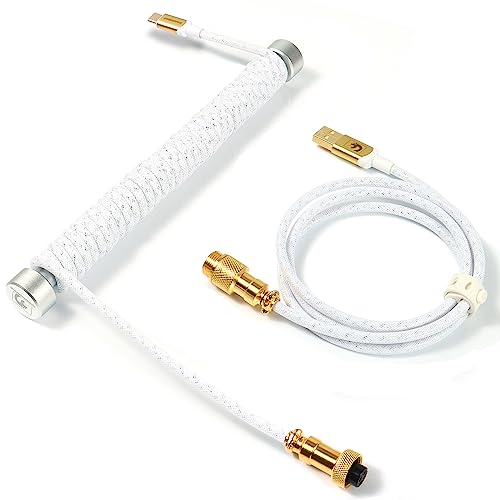MAMBASNAKE Cable USB C en Espiral & Enrollador de Aviator Cable Set - Cable de Aviador Varilla Fija Metal Weight Bar + Braided Coiled Cable con 24K Gold Conector de Aviador for Gaming Keyboard-Blanco