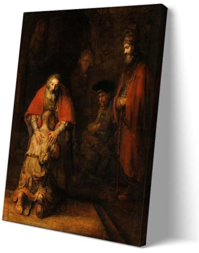 Rembrandt - Cuadro enmarcado para pared, el regreso del hijo pródigo, famoso, póster de pintura barroca vintage para pared en sala de estar, enmarcado (12 x 18 pulgadas)