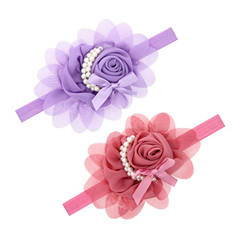 Samheng 2 Piezas Bebé Diadema de Chiffon, Elástico Flor Rosa Arco Perla Banda para Cabello para Recién Nacidos, Muchachas Vendas del Pelo Tocado para Niños Pequeños (Rosado+Morado)