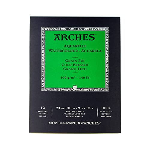 Arches - Papel de acuarela, bloc 12 hojas engomado 1 lado, grano fino, 300 g/m², 23 x 31 cm