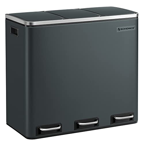 SONGMICS Cubo de Basura para Cocina, 3 x 18 L, Basurero de 3 Compartimentos para Reciclaje, Residuos, Restos de Comida, Tapas de Cierre suave, Pedales, Cubetas, Acero, Gris Verdoso LTB54GS