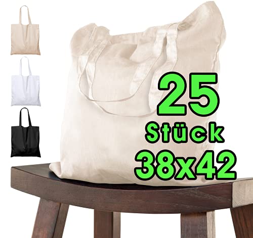 Bolsa de algodón para pintar 38x42 - 25 piezas natural para niños con asa CORTA - sin imprimir certificado OEKO-TEX® - bolsa de tela, bolsa de transporte, bolsa de compras de 140g / m de grosor