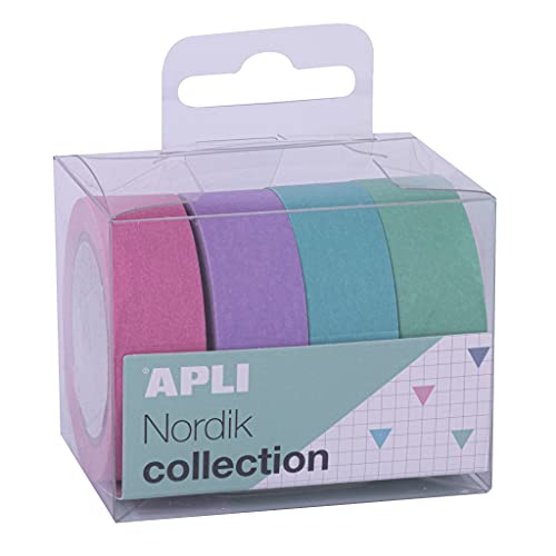 APLI - 18816 - Pack cintas adhesivas decorativas- papel tipo WASHI TAPE - colores pastel- 4 rollos- Cintas de 15 mm x 10 m