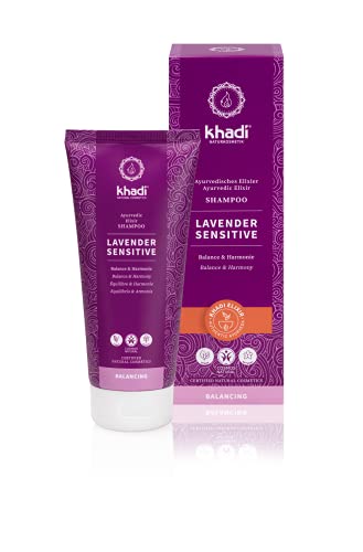 khadi LAVENDER SENSITIVE Champú ayurvédico, 100% vegetal, vegano, sin silicona ni sulfatos, Lavanda e Hibisco para cuero cabelludo sensible y delicado y cabello fino, cosmética natural, 200ml