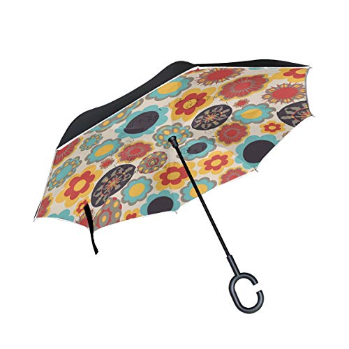 Montoj - Paraguas de dibujo étnico en forma de C, doble capa a prueba de viento, plegable, a prueba de rayos UV, invertido con mango