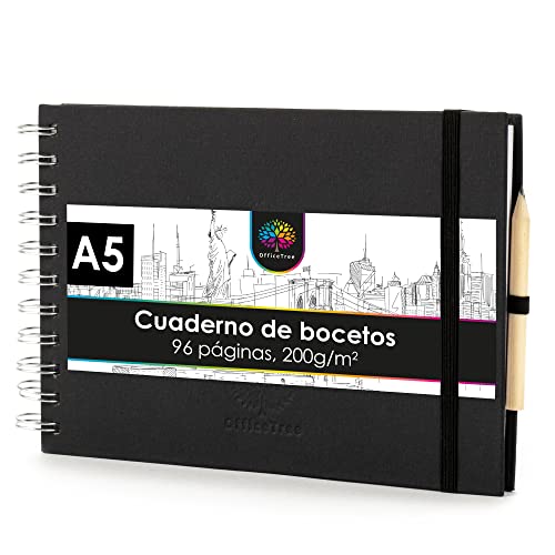 OfficeTree Cuaderno de dibujo A5 con anillas - Horizontal - 96 páginas, 48 hojas - Bloc dibujo A5 200 g - Bloc de dibujo para acuarela - Cuaderno dibujo con lápiz