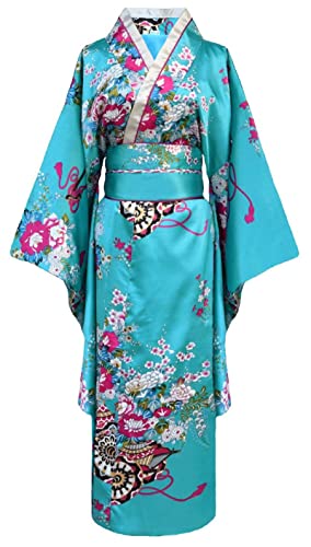 Buen amixyl kimono japonés mujer Tradicional joven dama Yukata con traje traje de traje de cosplay bata de satén, azul, M