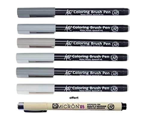 PIGMA MICRON Manga Sakura Koi Coloring Brush Pen Skin Tones 6 Pack. Sakura Koi Coloring Brush Pen 6 Set, Grey Colors (France Import)