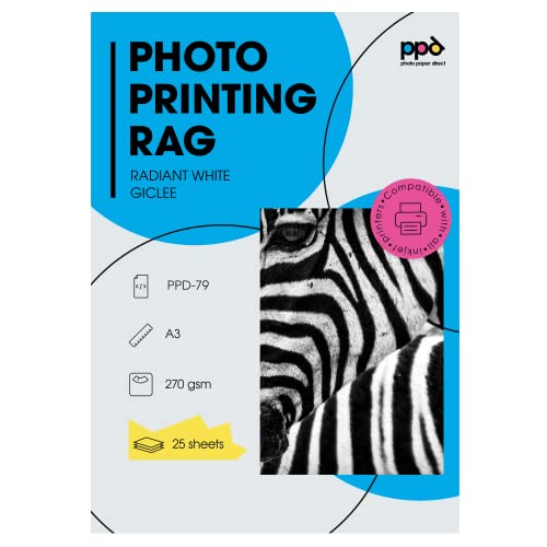 PPD A3 x 25 Hojas Inkjet Fine Art Photo Printing Rag - Papel Giclee Mate con una estructura ligera 270 g/m2 PPD079-25