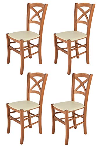 t m c s Tommychairs - Set 4 sillas Cross para Cocina y Comedor, Estructura en Madera de Haya Color Cerezo y Asiento tapizado en Polipiel Color Marfil