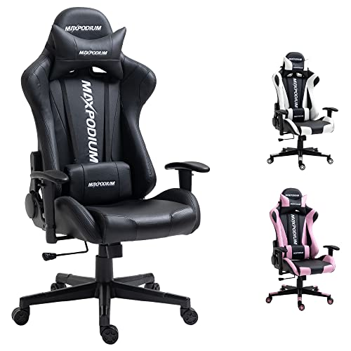 MAX Podium - Silla Gamer Skilled - Sillón Gamer de Acero, Silla Ergonómica para Juegos - Soporta 150kg, Brazos 1D, Tela Sintética de PVC, Reclinación de 180°, Cojín Cervical y Lumbar - Negro