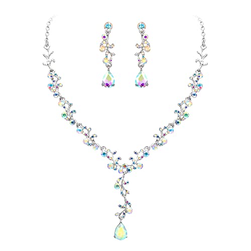 Clearine Juegos de Joyas de Mujer Boda Nupcial Hoja Lágrima Cristal Collar Pendiente Conjunto Filigrana Joyería Conjunto,Color Iridiscente AB Plata-Tono