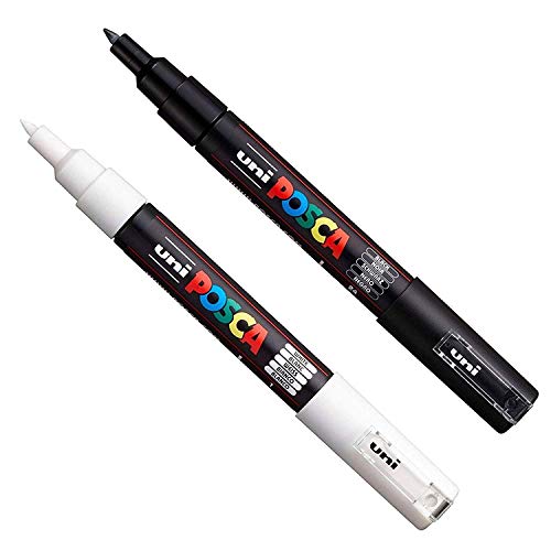 Posca PC-1M Pintura Arte Lápices Marcadores - Tejido Vidrio Metal Bolígrafo - Set de Negro + Blanco (1 de Cada)