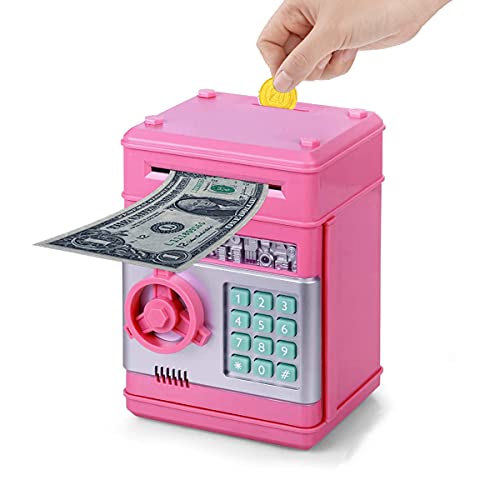 Wenosda Huchas Caja de Dinero Cajero Automático Electrónico Desplazamiento Moneda en Efectivo Hucha Contraseña Cajas de Seguridad Caja Fuerte, para Niñas Niños Cumpleaños (Rosa)