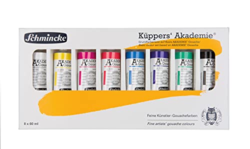Schmincke - Küppers Gouache, set de colores básicos, 8 tubos de 60 ml, 72 010 097, 8 tonos de color en caja de cartón, alto poder cubriente, pigmentos seleccionados, teoría del color