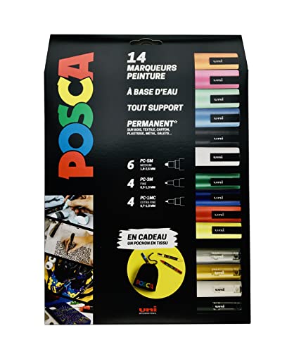 Posca - Uni Mitsubishi Pencil – Maxi Pack multipuntas – 14 rotuladores de pintura a base de agua – Todo soporte – Colores y puntas surtidas – Incluye bolsa
