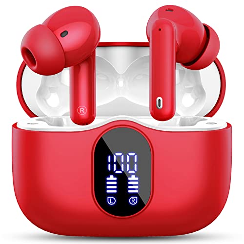 Auriculares Inalámbricos, Auriculares Bluetooth 5.3 con HD Micrófono HiFi Estéreo Pantalla LED, Reducción de Ruido Auriculares,13 mm Controlador dinámico,IP7 Impermeable 36H Cascos Inalambricos Rojo