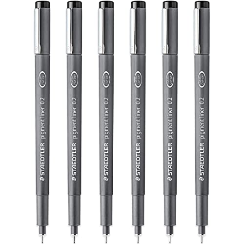 STAEDTLER 308 02-9 Pigment Liner Fineliner Pen - Punta de 0,2 mm - Tinta negra - Paquete de 6