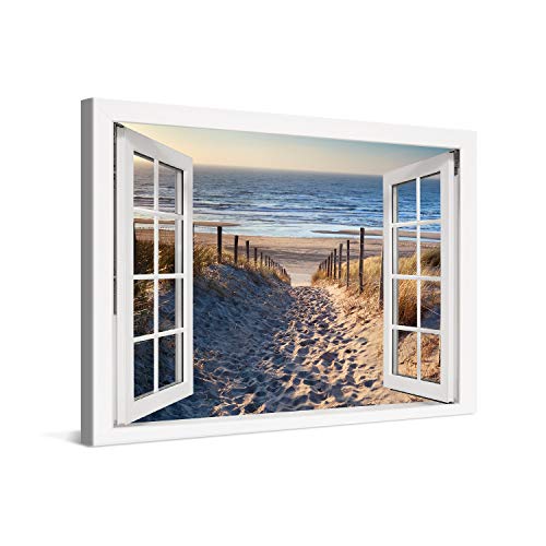 PICANOVA – Cuadro sobre Lienzo Path to The Sea Window 120x80cm – Impresión En Lienzo Montado sobre Marco De Madera (2cm) – Disponible En Varios Tamaños – Colección Playas