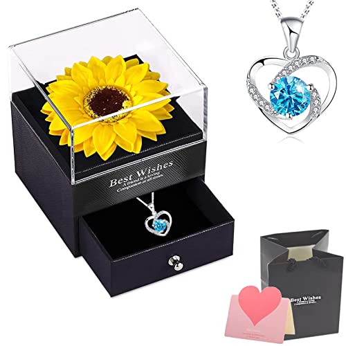 Real Girasol Eterna, Caja de Regalo de Collar, Flores Preservadas Eterna Hecha a Mano Girasol con Collar, Románticos Regalo para Esposa/Novia para Día de San Valentín/Aniversario Bodas/Cumpleaños