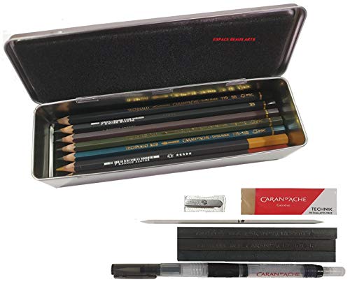 Caran d'Ache configuró varios productos de Graphite Line para explorar la acuarela de grafito: 13 herramientas de dibujo artíticas y mini Estompe en caja de metal