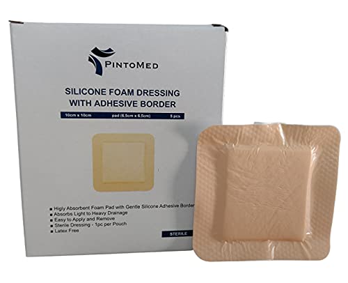 PintoMed - Apósito Estéril Adhesivo de Espuma de Silicona con Borde 10cm x 10cm (almohadilla 6,5cm x 6,5cm) caja de 5 apósitos. Absorbente. Para el tratamiento de heridas crónicas y agudas.