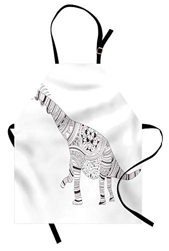 ABAKUHAUS Dino Delantal de Cocina, Dinosaurio Monocromo Zentangle, No Se Ensucian Fácilmente Moderna Tecnología de Estampado, Oscuro Gris Pardo y Negro