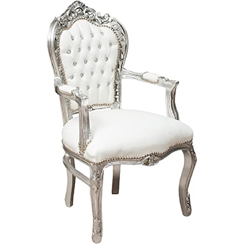 Sillón barroco - Estilo Luis XIV° - Silla de caoba plateada y ecopiel blanca