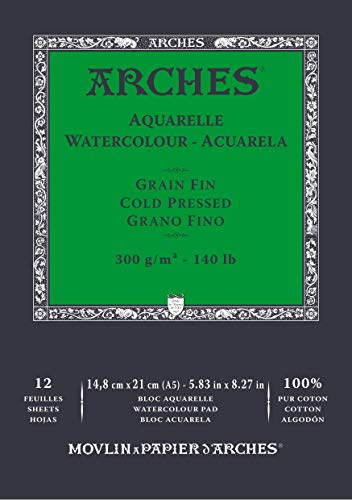 Bloc Enc 14,8x21 12H Arches Aquarelle 100% Fino 300g Blanc Nat