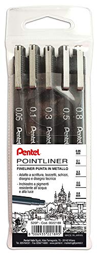Pentel S20P Pointliner, fineliner negro bolsillo 5 unidades (punta 0,05-0,1-0,3-0,5-0,8 mm)