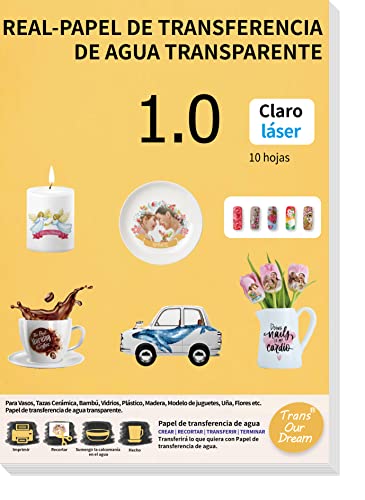 TransOurDream-Papel de calcomanía Tru-Waterslide Laser Clear 10 hojas A4 Papel de transferencia de agua,imprimible para impresora láser, papel transparentes para candelas,tazas, vasos etc.(Es-8-10)