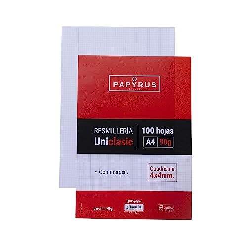 UNIPAPEL Hojas Cuadriculadas 4 mm, Interior Rayado Azul, 90 g, Papel Super Resistente Extrablanco Paperclas90G, con Margen, Paper, Blanco, A4, 100 (53390200)