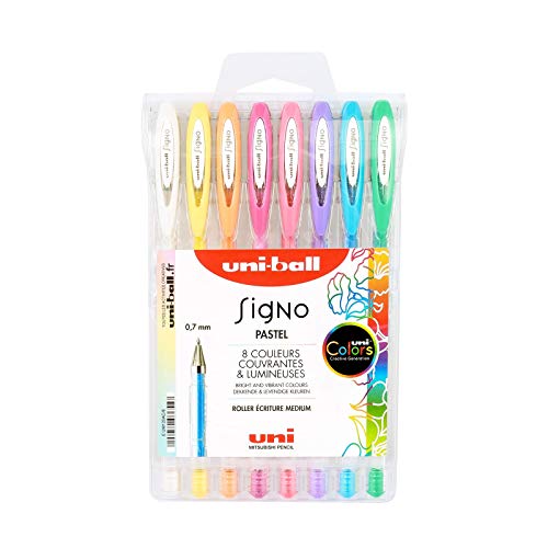 Uni-Ball Mitsubishi Pencil – 8 bolígrafos con tinta gel Signo – Bolígrafos colores pastel – Punta 0,7 mm – Escritura mediana – Rollers fantasía para ocio creativo y carterie