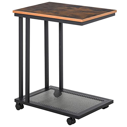 HOMCOM Mesa Lateral Mesa Auxiliar con Ruedas para Sofá Salón Dormitorio Estilo Industrial Retro Mesa Café Ordenador Metal y Madera 51x36x65 cm