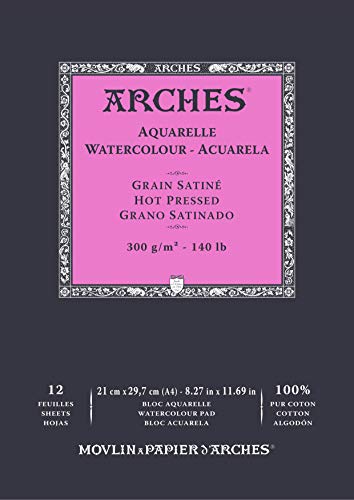 Arches Aquarelle 100% Satin 300g Bloc Encolado A4 12 hojas Blanco Natural