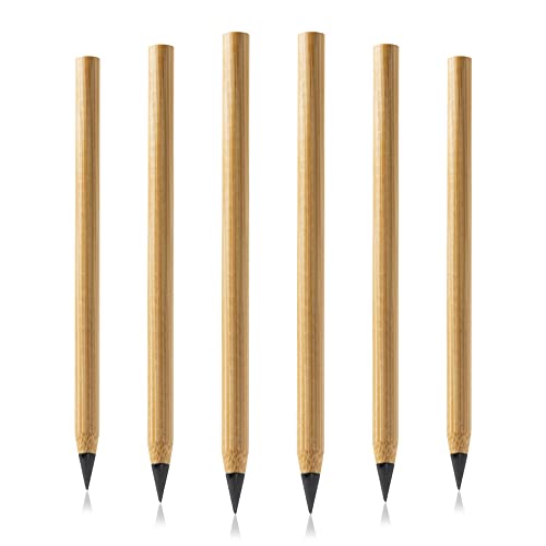 Lapiz Infinito de Bambu (6 Unidades), Lapices infinitos Reutilizables, Pluma sin Tinta, Lapiceros Eternos de escritura ilimitada, Boligrafo punta de grafito para dibujo