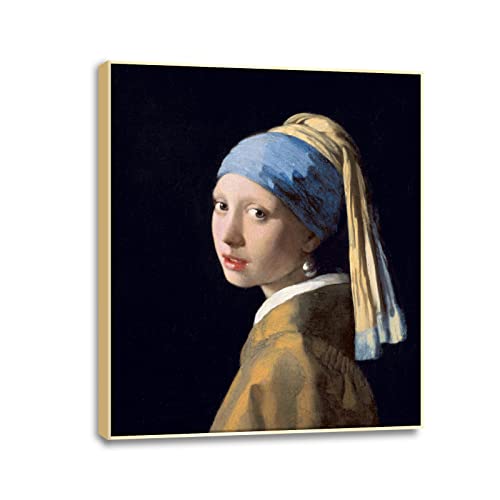 QSX Johannes Vermeer Cuadro,Impresión En Lienzo para Decoración de Pared,La Joven de La Perla,Lienzo Decorativo de Pared 40x52cm Marco dorado