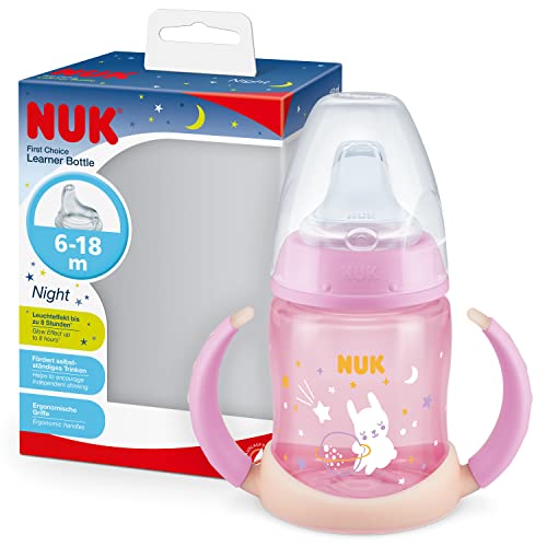 NUK First Choice - Vasito de noche para bebé, 6 a 18 meses, 150 ml,brilla en la oscuridad, asas y boquilla de silicona ortodóntica, a prueba de fugas, anticólicos, sin BPA, color rosa,1 item,10215373