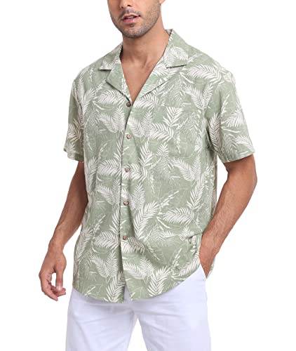 Timuspo Camisas hawaianas de manga corta para hombre, diseño floral, algodón, lino, con botones, para verano, vacaciones tropicales, Hoja Verde, M