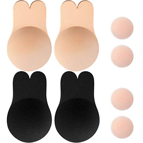 Memoryee Push Up Adhesivo de Silicona Invisible Sujetador de Conejo Sujetador de elevación Reutilizable Copas Pezón Cubierta/Beige+Negro-2Pair/L(C/D Cup)