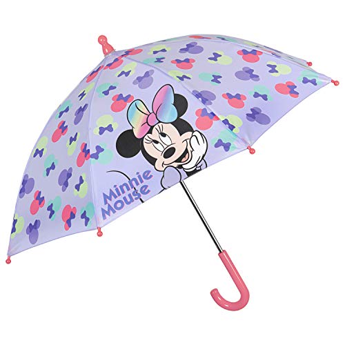 PERLETTI Paraguas Niña Minnie Mouse Moños Coloreados - Paraguas Infantil Disney Apertura Manual Antiviento - Sombrilla Lluvia Larga con Estampado para Niñas 3-5 Años - Diámetro 66 cm (Minnie Violeta)
