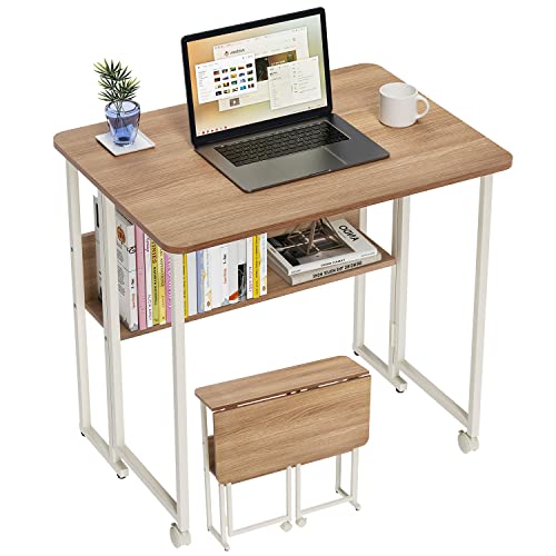 PTUWODS Mesa de ordenador plegable pequeña con estante, escritorio para oficina en casa (beige)
