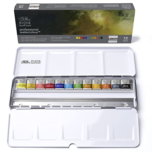 Winsor & Newton Acuarela profesional, Set de viaje personalizable, 12 medio godets de acuarela profesional colores surtidos (capacidad para 24 pastillas), para acuarelistas y pintura en acuarela