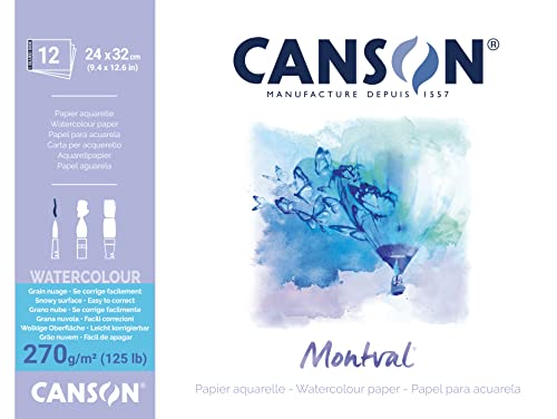 Canson Montval, Papel de acuarela, Grano blanco, 270g, Encolados por el lado corto, 24x32cm, Blanco, 12 Hojas