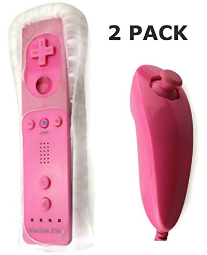 AMGGLOBAL® 2 x Mando a distancia integrado Motion Plus 2 x Nunchuck Controlador para Nintendo Wii Remote WII + funda de silicona fría color rosa negro brillante rosa azul brillante blanco oscuro azul